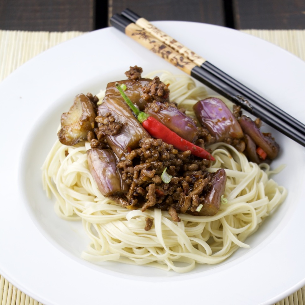 Szechuan beef and eggplant noodles